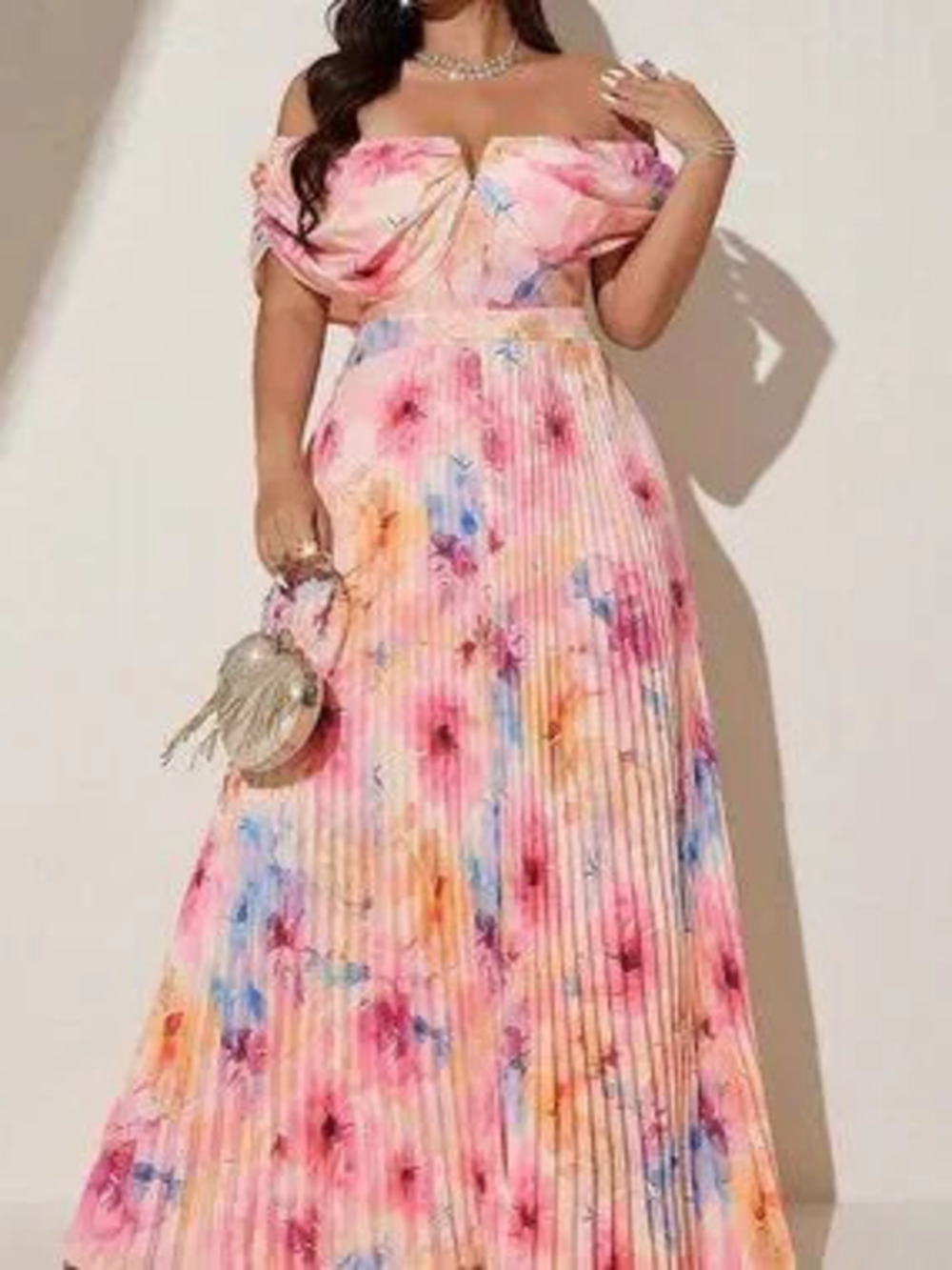 Multicolor Plus Size Off-Shoulder Women's Watercolor Floral V-Neck Maxi Dress